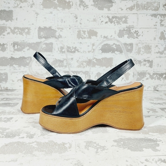 NEW Lucky Brand Delaynee Black Leather Slingback Open Toe Platform Sandals E447 - Picture 4 of 13